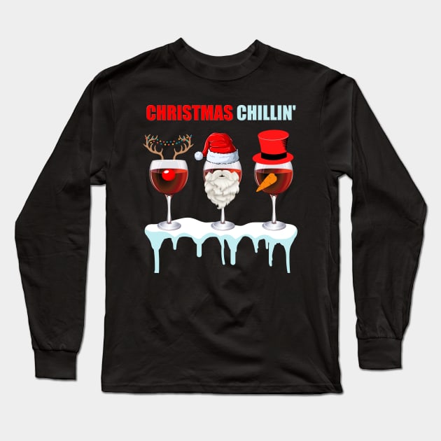 Christmas Chillin', Chilling, Santa, Frosty The Snowman, Rudolf The Red Nose Reindeer, Wine, Wine Lover, Snow, Ice, Winter, Wine Glass Long Sleeve T-Shirt by DESIGN SPOTLIGHT